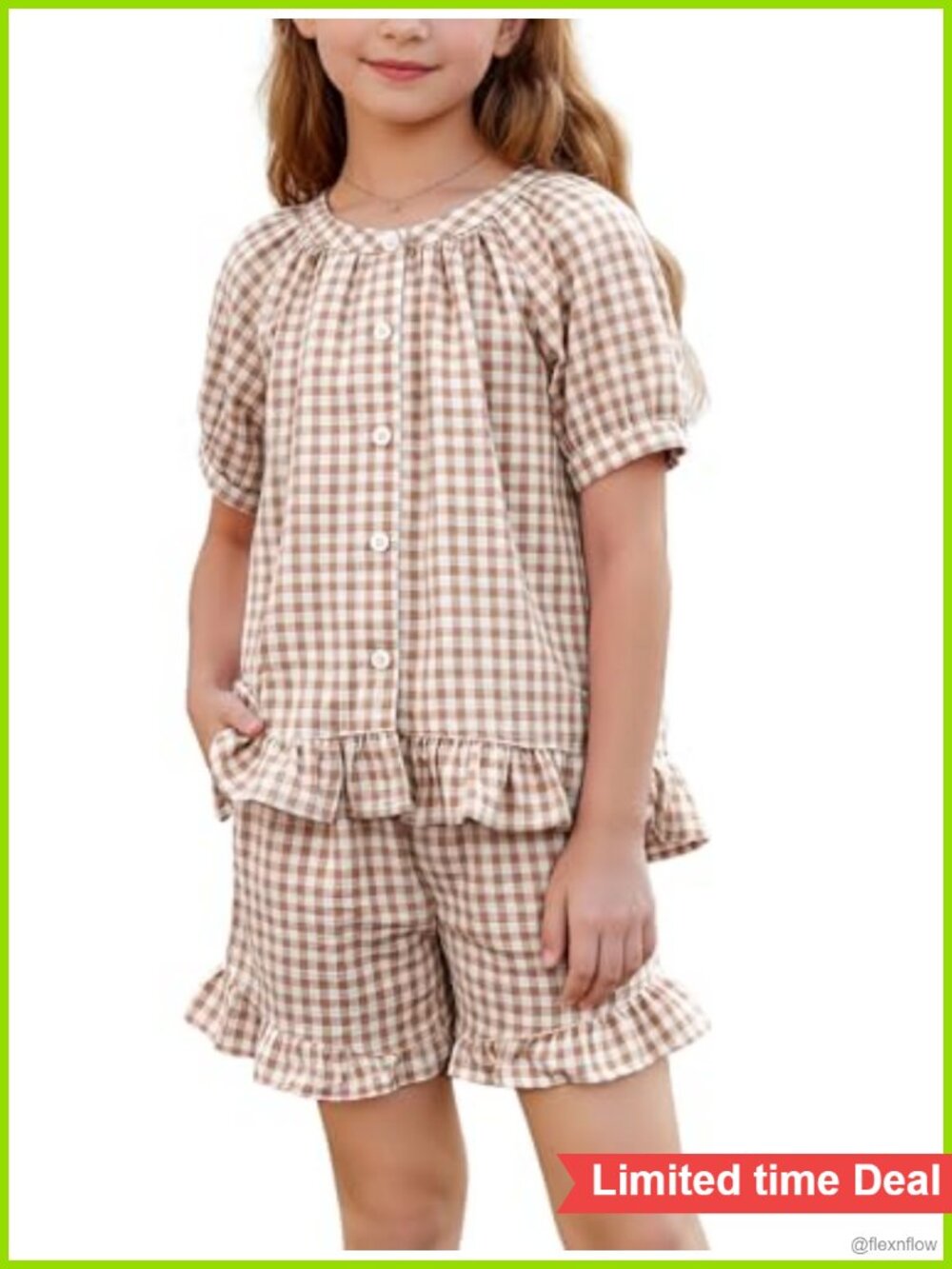 Girls 100% Cotton Plaid 2 Piece Short Set Ruffle Summer Outfit